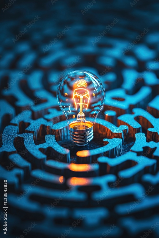 Poster Light bulb illuminating a spiral maze with puzzle pieces glowing in motion