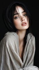 Fototapeta premium Mysterious and alluring portrait of a young woman with dark braids, freckles, and a textured garment against a dark background.