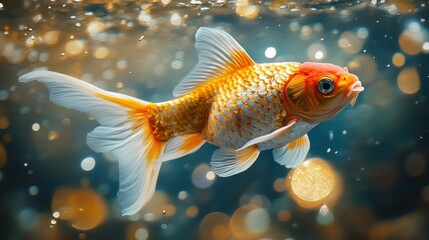 Obraz premium Orange goldfish swims in aquarium, bokeh background, pet