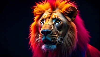 A regal close up of a male lion, featuring a bright mane and intense gaze against a dark tone