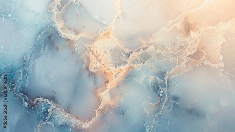 Poster a close-up of a soft blue and white marble surface with intricate veining and a touch of gold, creat