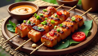A festive platter of satay skewers with peanut sauce, served family style for sharing