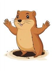 Obraz premium flat color cute cartoon groundhog emerging from a hole and waving, against a white background, with simple shapes and lines. Groundhog day.