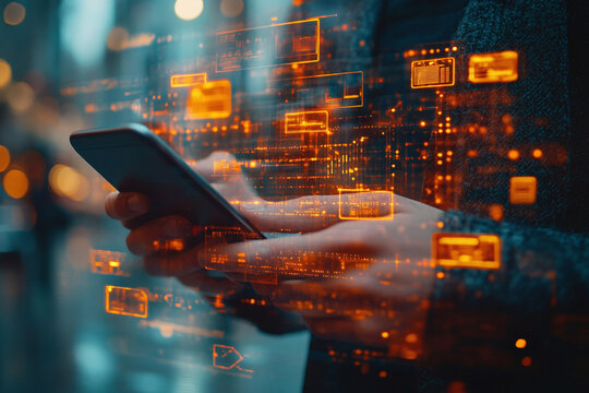 Cyber security, data protection. Man using mobile phone and fingerprint, scan to access personal data security on secured network connection. Biometric technology, data encryption, innovative data