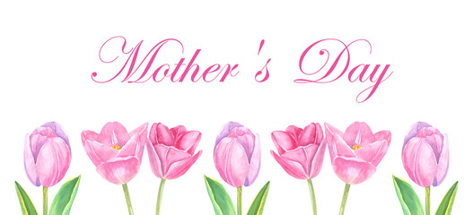  Happy Mother s Day greeting with hand drawn watercolor tulip. Minimalistic hand drawn tulip illustration with text greeting. 
