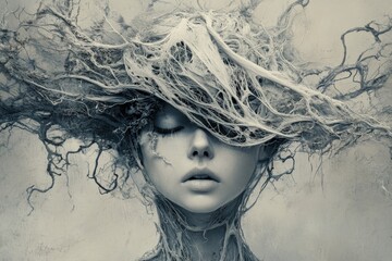 Mysterious figure with tangled roots and serene expression in a surreal monochrome design