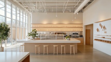 A light, modern cafe with seating at counter, indoor plants, for food service, display, and background use