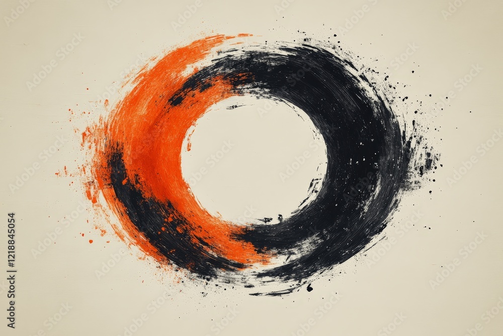 Poster abstract circular design featuring a dynamic blend of black and orange paint on a light background