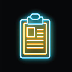 Neon clipboard glowing on a black background, representing note taking, organization, and productivity