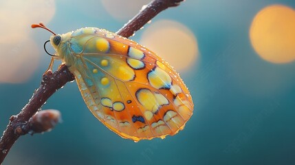 A butterfly chrysalis hanging on a twig with delicate translucency visible