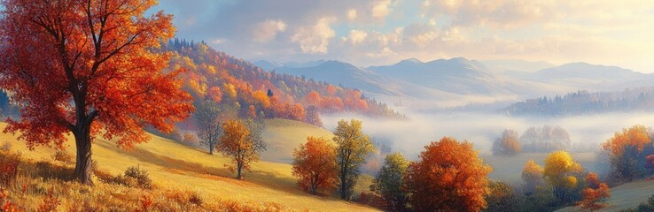 Fototapeta premium Autumnal landscape showcasing vibrant foliage and misty mountains