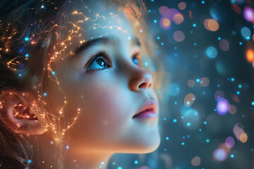 Brain Activity of Child`s Mind, copy space for text. Scientific Visualization of Neural Brain Connections and Synapses, Education and Psychological Development in Children Psychology. 