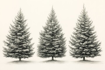Obraz premium Evergreen trees displayed in a row with detailed shading and texture, creating a serene winter atmosphere