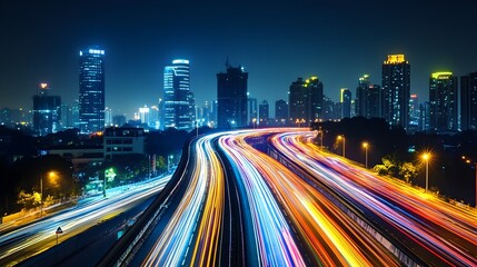 Fototapeta premium Night Cityscape Stunning Highway Lights Trails Modern Urban Skyline Dynamic City Traffic Flowing Vehicles Bright Illumination Night Photography Cityscape 