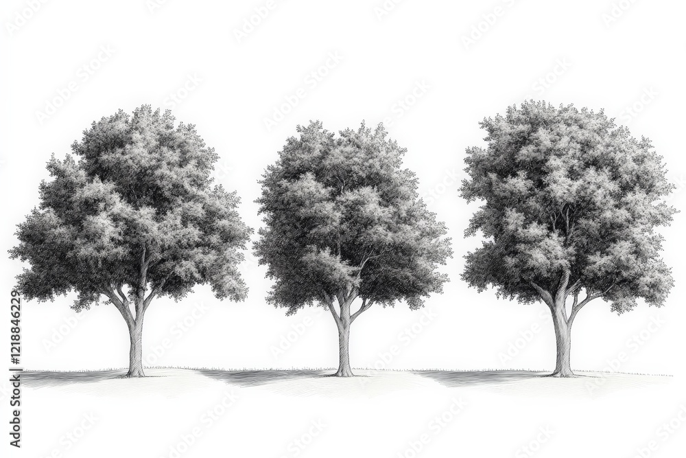 Poster trees aligned in a row showcasing varying shades of green leaves and textures in a serene natural se