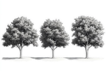 Fototapeta premium Trees aligned in a row showcasing varying shades of green leaves and textures in a serene natural setting