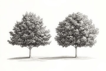 Fototapeta premium Two detailed sketch illustrations of symmetrical trees with dense foliage against a neutral background