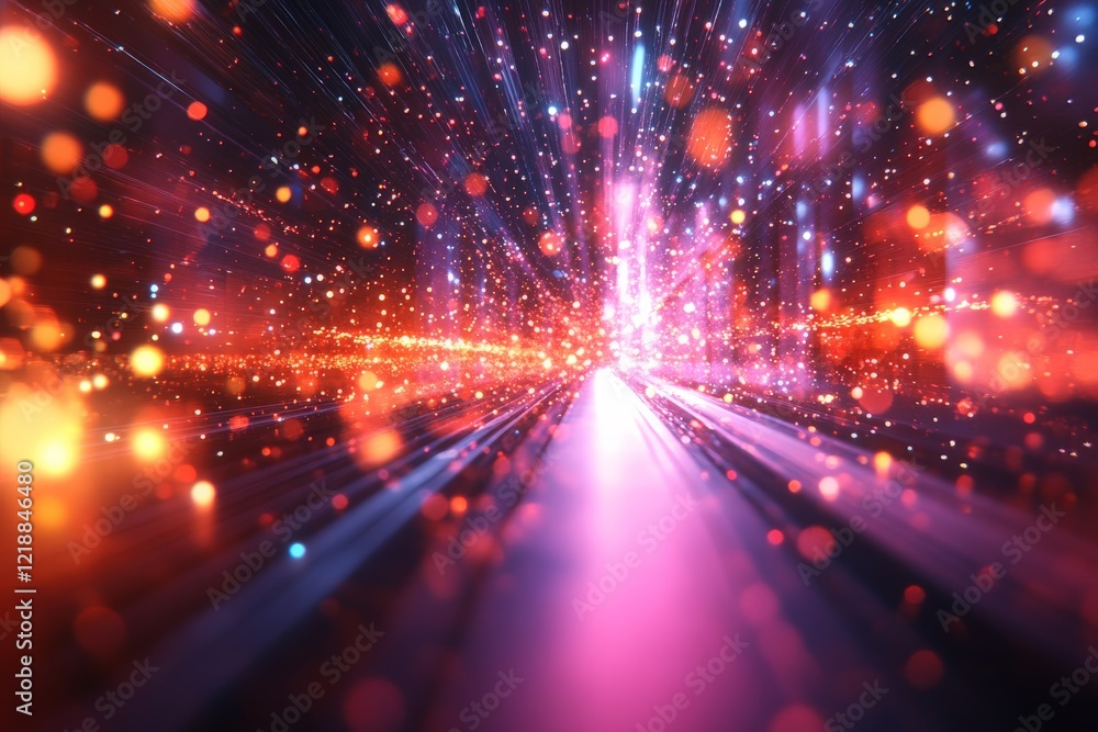 Poster colorful light trails create a mesmerizing effect in a digital space filled with vibrant particles a