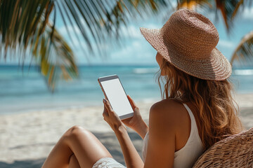 Mockup image of a woman holding mobile phone with blank desktop screen while sitting on the beach