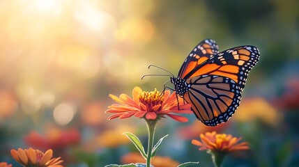 A butterfly resting on a vibrant flower in a sunlit meadow
