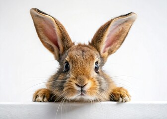 Adorable Brown Lop-Eared Rabbit Peeking Over White Surface - Aerial View Stock Photo