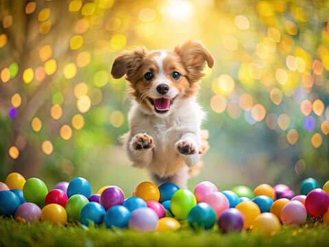 Adorable Easter Puppy Jumping with Confetti Eggs - Stock Photo