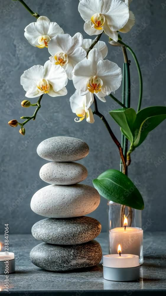 Poster stacked stones and white orchids with lit candles create a serene ambiance in a calming setting