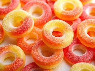 Aerial View of Peach Ring Gummies on White Background - Sweet Candy Photography