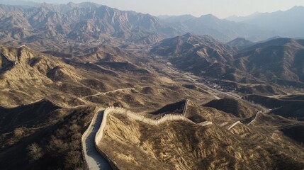 Aerial View of the Majestic Great Wall of China Winding Through Rugged Mountains