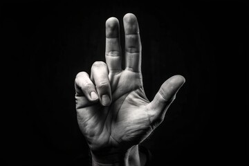 B&W Photo: Hand Signing British Sign Language Letter C - Isolated on Black