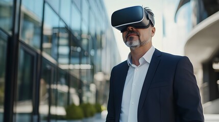 Businessman Wearing Virtual Reality Headset Modern City Professional Technology Future Innovation Digital Experience Advanced Gadget Exploring Metaverse        
