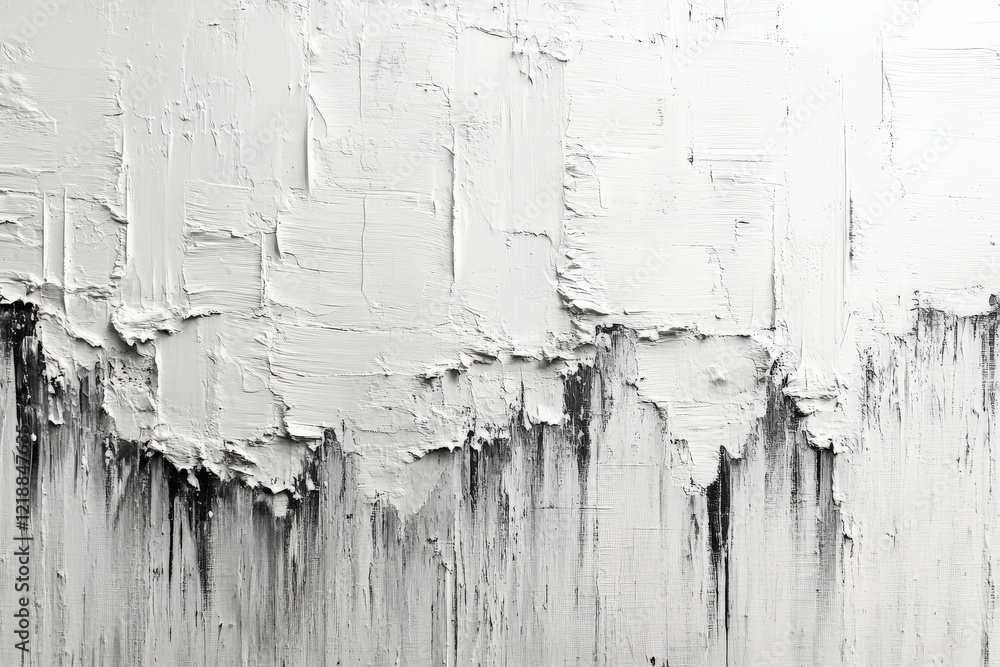 Poster abstract white textured wall with black drips creating a stark contrast in a minimalist setting