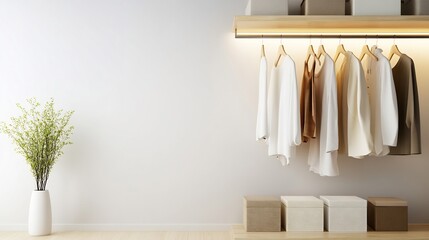Minimalist walk-in closet, clothes hanging, neutral tones, storage boxes
