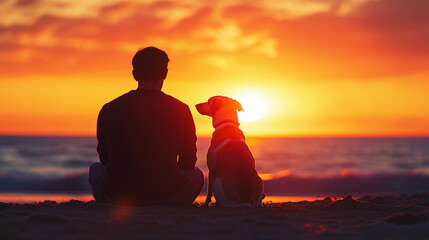Canine Man dog sunset active sitting silhouettes. Vibrant Pet animal and human watching the sunset over the sea shore. Back view.