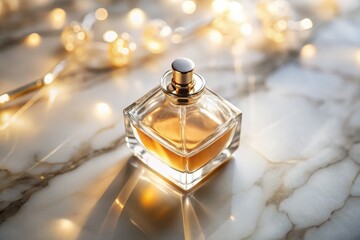 Luxury perfume bottle, aerial drone shot. Top-down view showcasing exquisite scent; captivating perfume advertising.