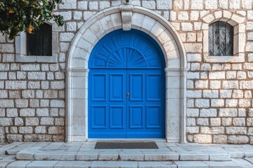Vibrant blue door stands out against historic stone wall in a charming Mediterranean setting
