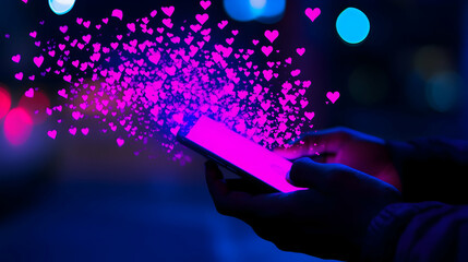 Smartphone glowing with pink hearts, person holding it at night.  Represents online love, social media likes, or romantic connection.