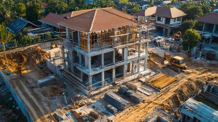 Fototapeta premium Modern Building Construction Site with Scaffolding and Machinery
