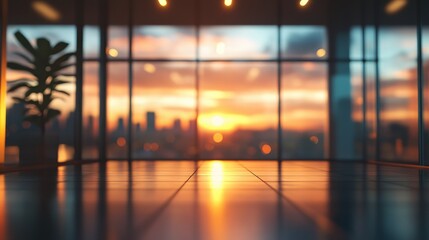 Fototapeta premium Modern Office Interior with Glass Walls Showcasing Scenic Sunset View Through Large Windows in Urban Environment