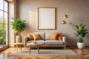 Customizable Vertical Poster Frame Mockup by Couch - Interior Design Stock Photo