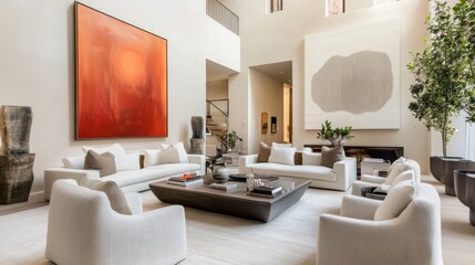 Fototapeta premium A Modern, Minimalist Living Room With Neutral Tones, Large Artwork, And Plush Seating. The High Ceilings And Natural Light Create A Spacious And Serene Atmosphere.
