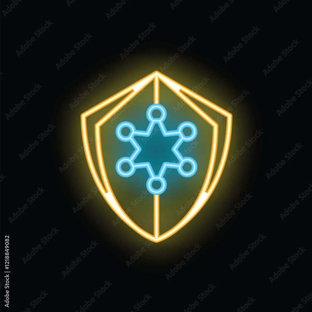 Poster glowing neon shield providing security with connected network nodes, symbolizing cybersecurity and d