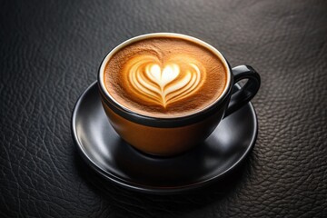 Black Coffee Latte Art Heart Design on Leather Background