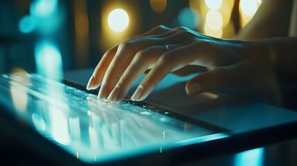 Elegant Female Hand Using Modern Touchscreen Tablet Device Digital Technology Nighttime Blue Light Soft Focus Background web data dark glow woman clean glass   