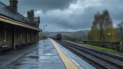 Fototapeta premium Train Departing from a Quaint Station on a Rainy Day