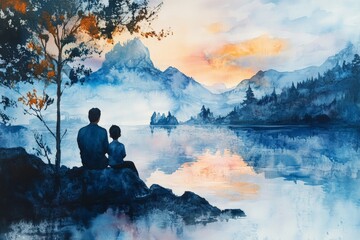 Father and child enjoying a peaceful sunset by a serene lake in the mountains