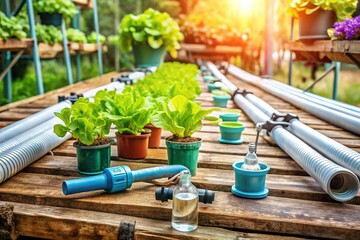 Hydroponic System Accessories:  Close-Up of  Pipes, Pumps & Nutrients on Rustic Wooden Background