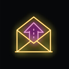 Naklejka premium Neon sign illustrating an envelope containing an upward arrow, symbolizing sending or receiving positive news