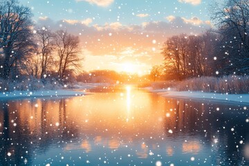 Fototapeta premium Serene winter sunset over a snowy river with falling snowflakes in a tranquil landscape