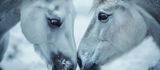 Snowy White Horses Nuzzle, Winter Field